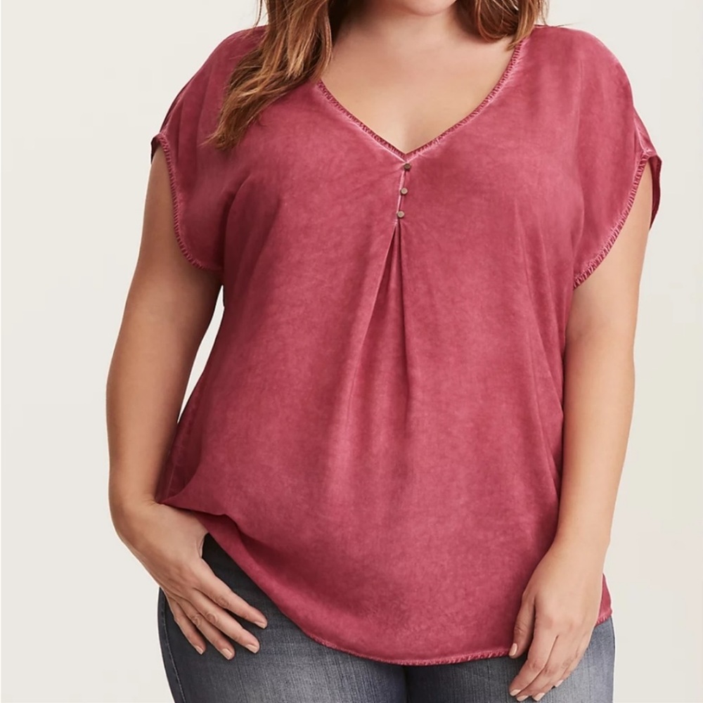 Torrid Washed Challis Dolman V Neck Henley Beet Cap Sleeve-1